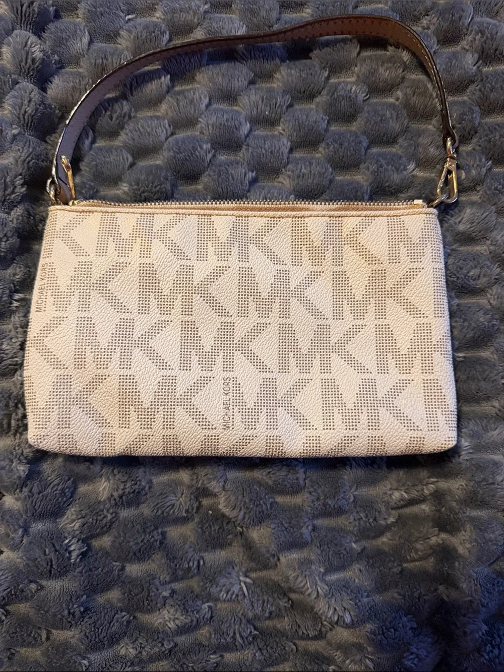 Michael Kors Beige Logo Wristlet with Gold Hardware and Brown Strap